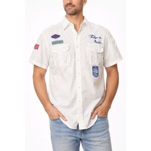 Henry Choice Blue Jeans White Short Sleeve Shirt L Tokyo Osaka Japan Patches